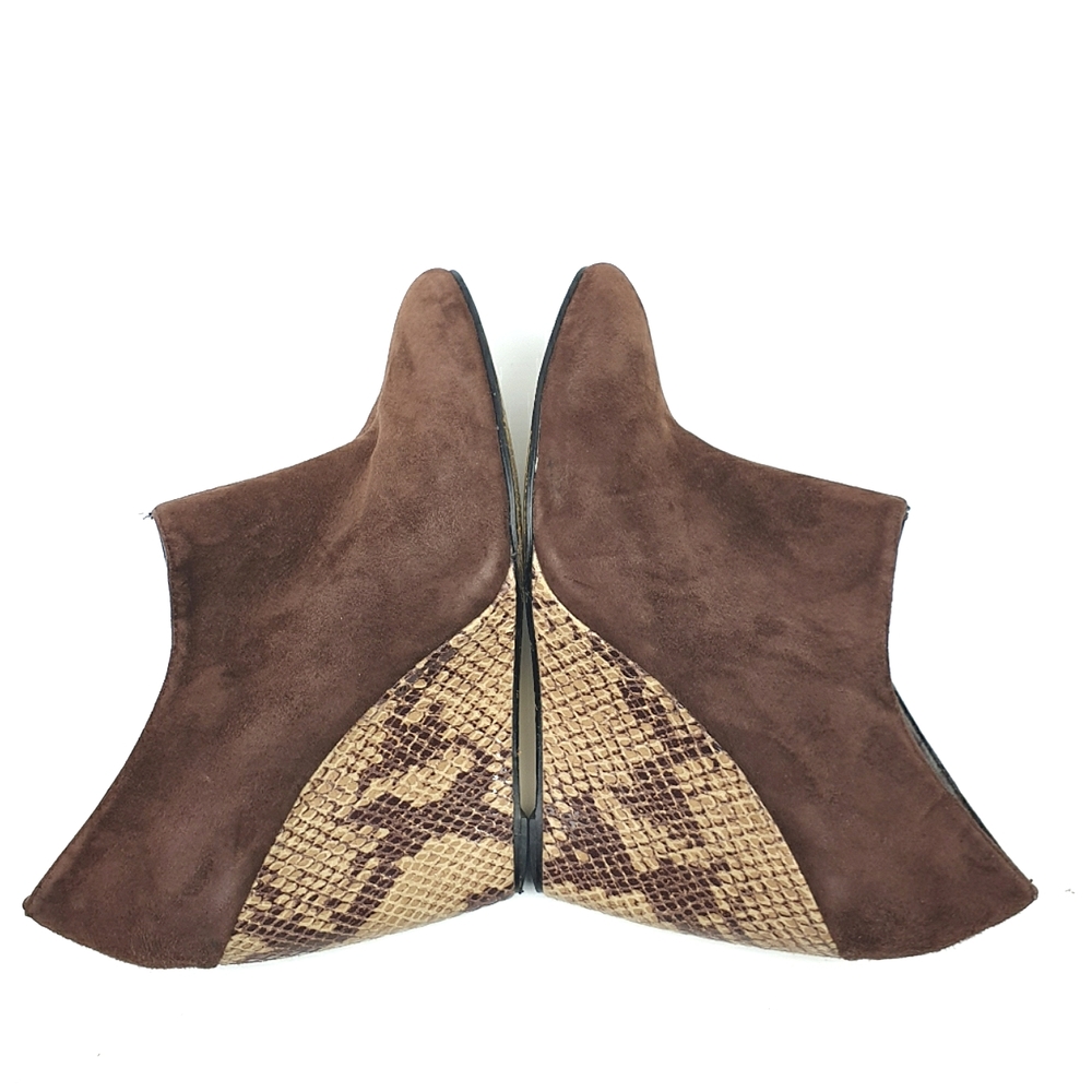Beverly Feldman Booties brown suede snake print wedge 4" zipped up almond toe 7